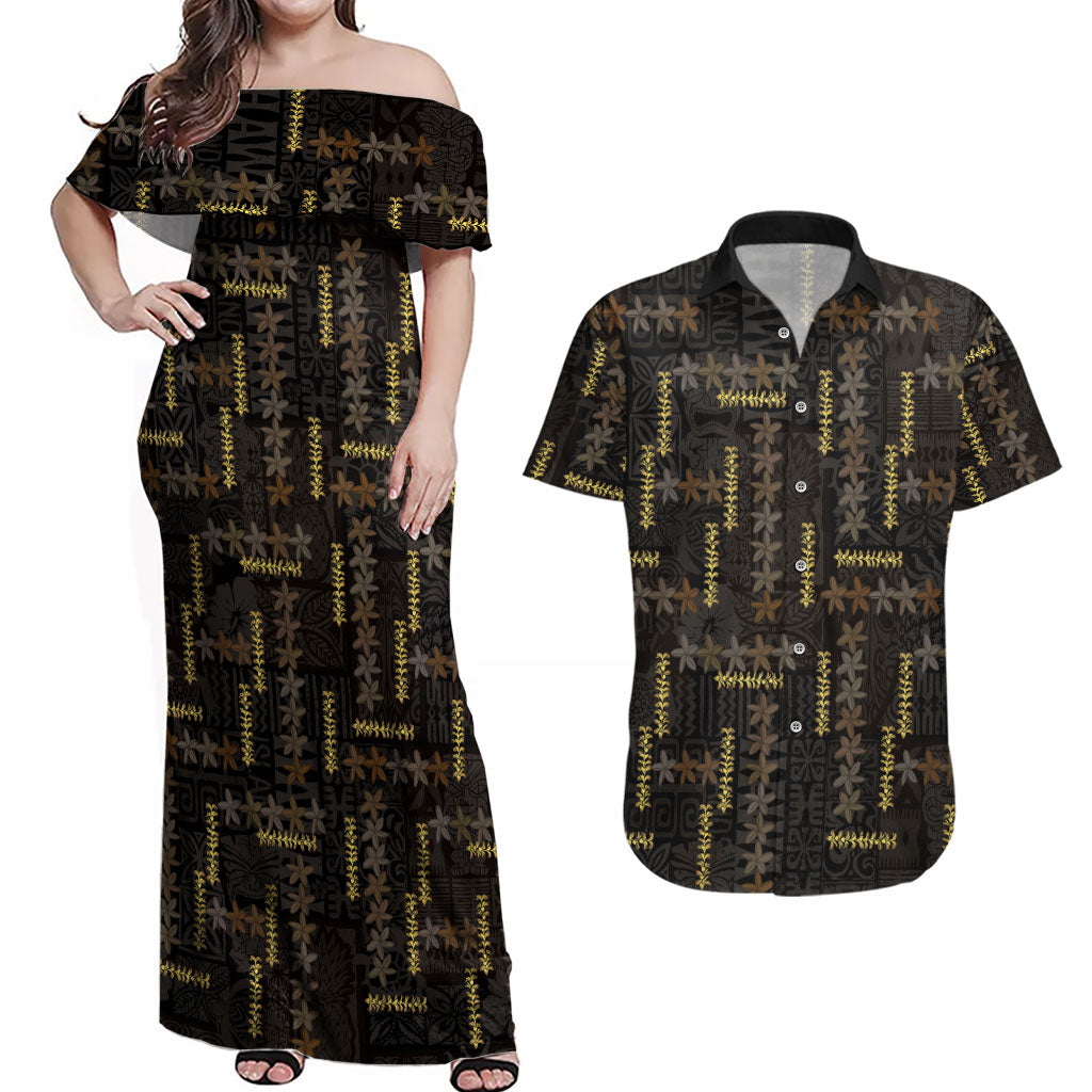 Hawaii Brown Plumeria Lei Black Couples Matching Off Shoulder Maxi Dress and Hawaiian Shirt Frangipani Floral Heritage Art LT01 Black - Polynesian Pride