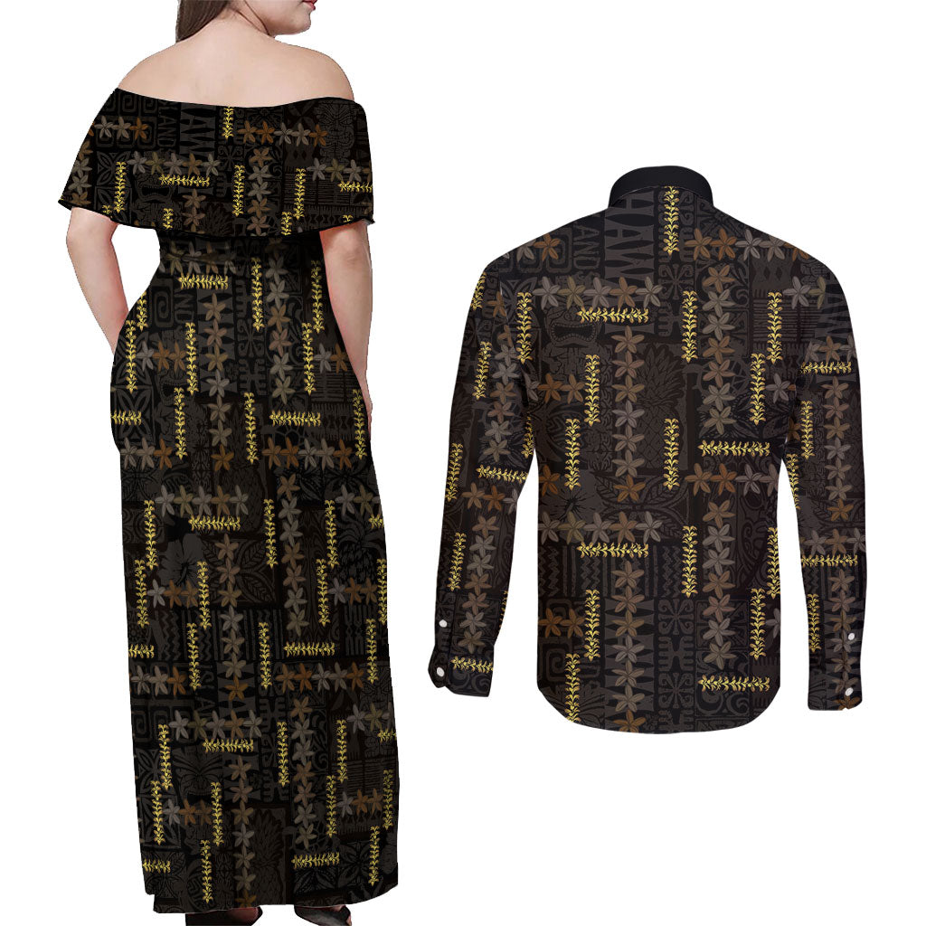 Hawaii Brown Plumeria Lei Black Couples Matching Off Shoulder Maxi Dress and Long Sleeve Button Shirt Frangipani Floral Heritage Art LT01 - Polynesian Pride