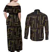Hawaii Brown Plumeria Lei Black Couples Matching Off Shoulder Maxi Dress and Long Sleeve Button Shirt Frangipani Floral Heritage Art LT01 - Polynesian Pride
