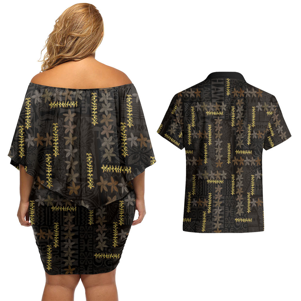 Hawaii Brown Plumeria Lei Black Couples Matching Off Shoulder Short Dress and Hawaiian Shirt Frangipani Floral Heritage Art LT01 - Polynesian Pride