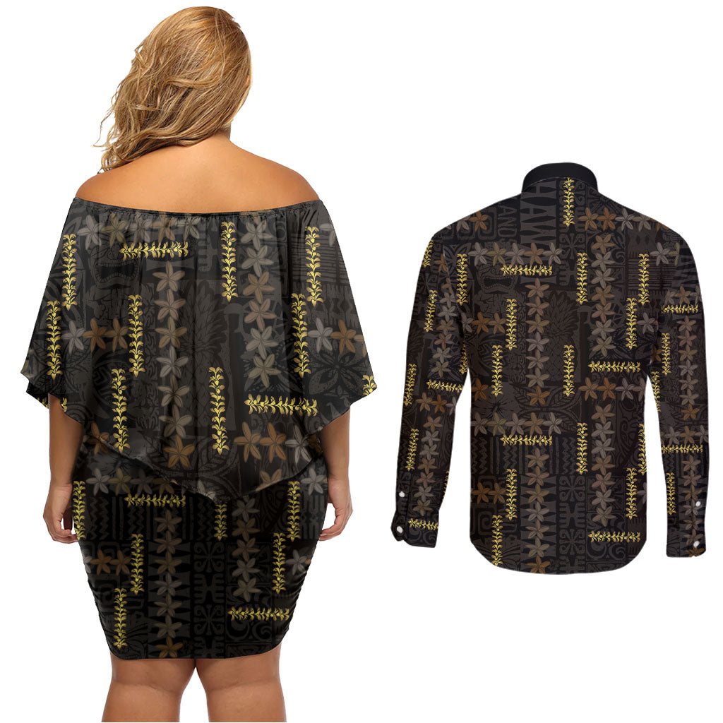 Hawaii Brown Plumeria Lei Black Couples Matching Off Shoulder Short Dress and Long Sleeve Button Shirt Frangipani Floral Heritage Art LT01 - Polynesian Pride