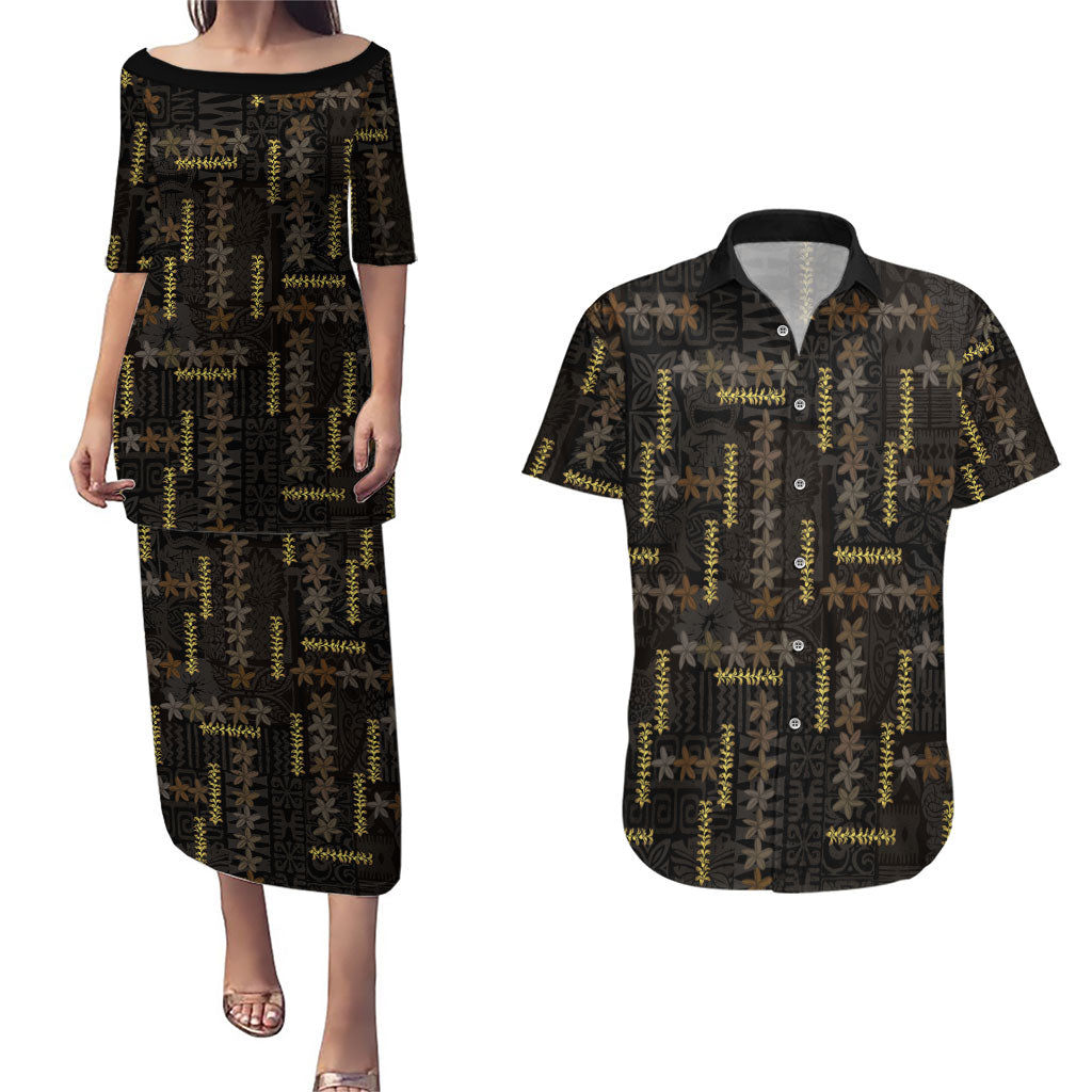 Hawaii Brown Plumeria Lei Black Couples Matching Puletasi and Hawaiian Shirt Frangipani Floral Heritage Art LT01 Black - Polynesian Pride