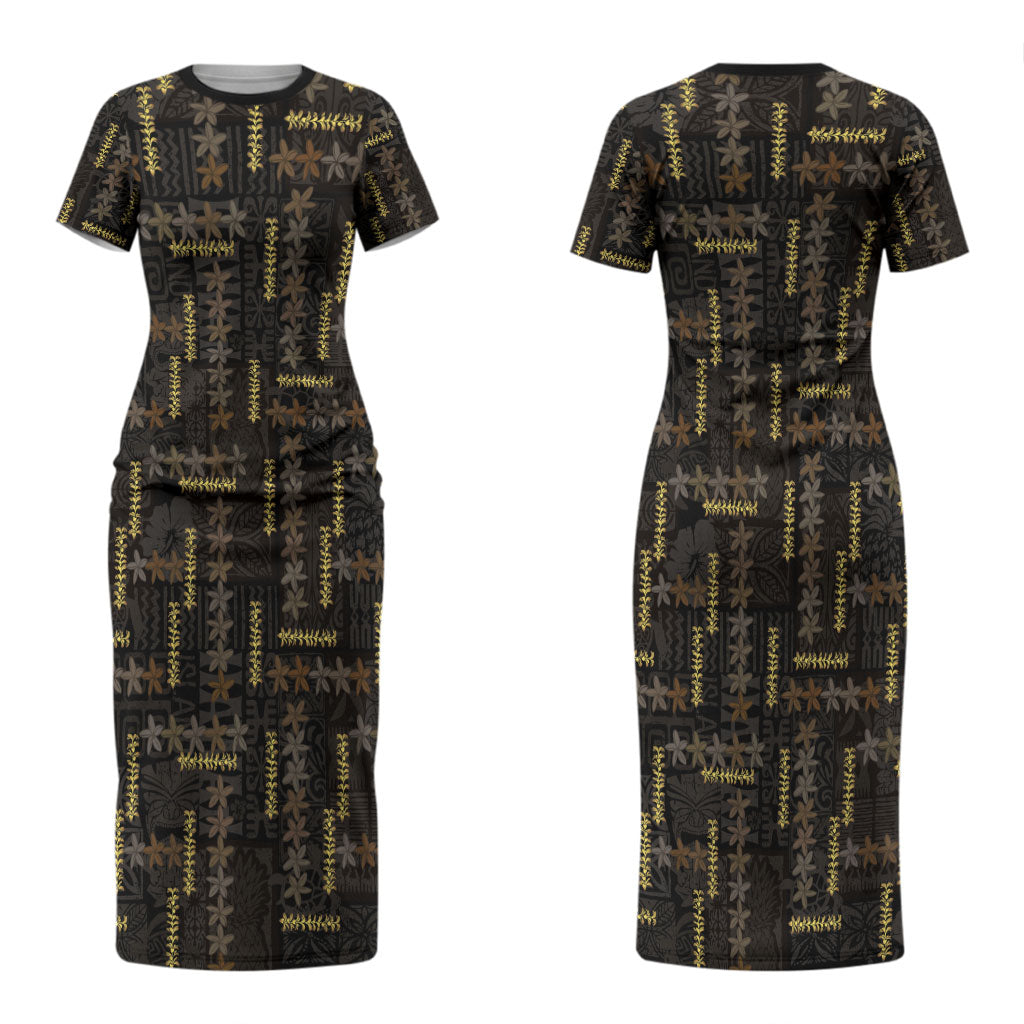 Hawaii Brown Plumeria Lei Black Couples Matching Short Sleeve Bodycon Dress and Hawaiian Shirt Frangipani Floral Heritage Art LT01 - Polynesian Pride