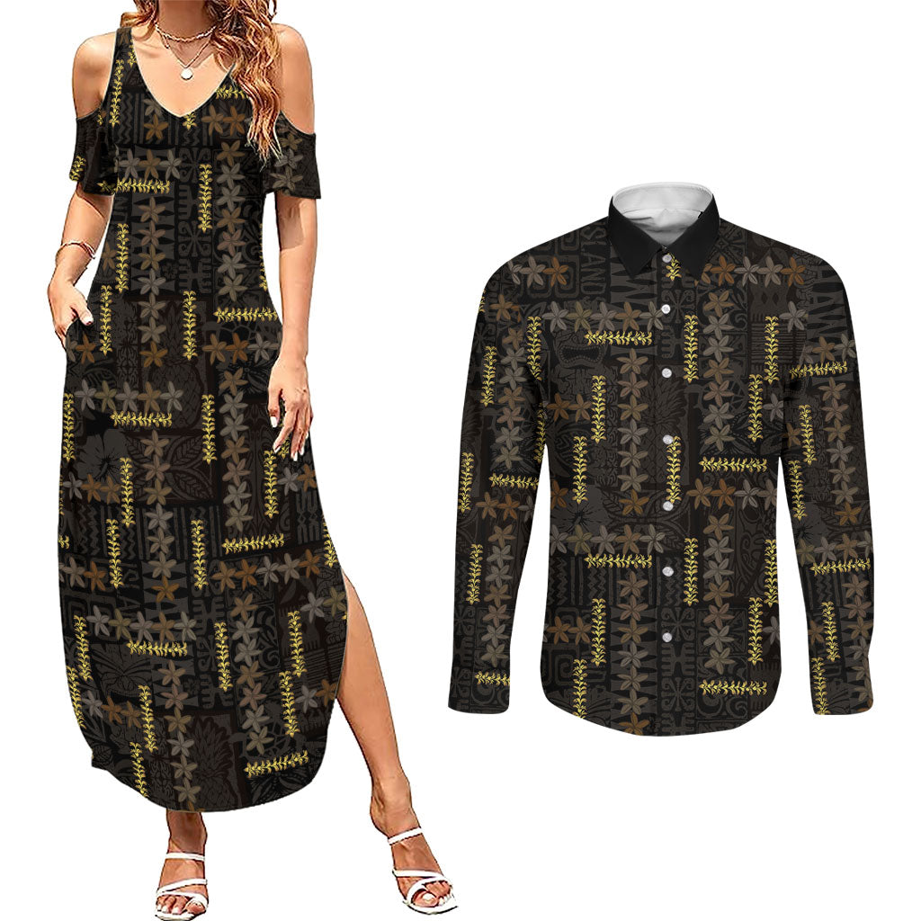 Hawaii Brown Plumeria Lei Black Couples Matching Summer Maxi Dress and Long Sleeve Button Shirt Frangipani Floral Heritage Art LT01 Black - Polynesian Pride
