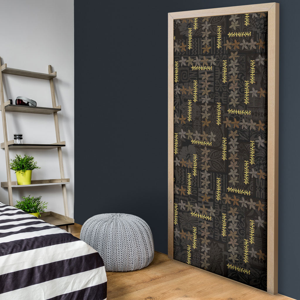 Hawaii Brown Plumeria Lei Black Door Cover Frangipani Floral Heritage Art