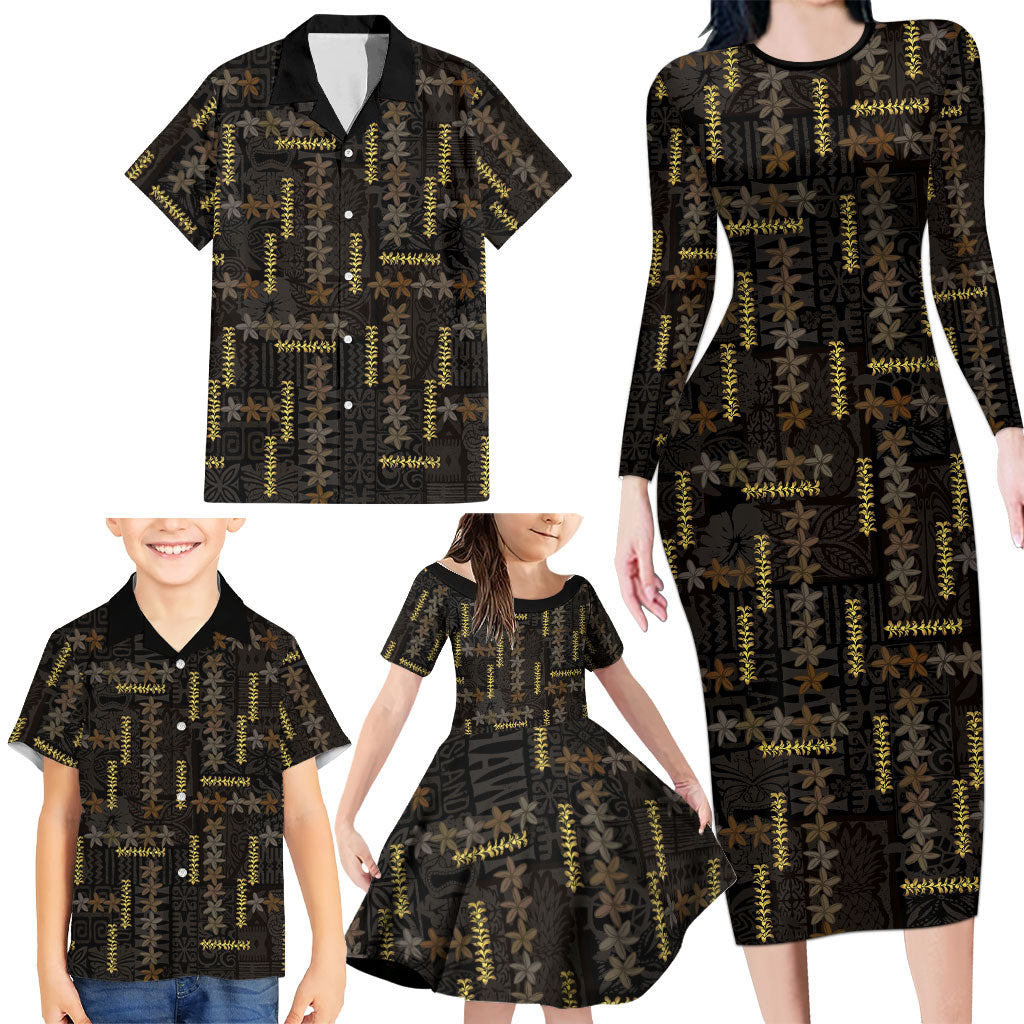 Hawaii Brown Plumeria Lei Black Family Matching Long Sleeve Bodycon Dress and Hawaiian Shirt Frangipani Floral Heritage Art