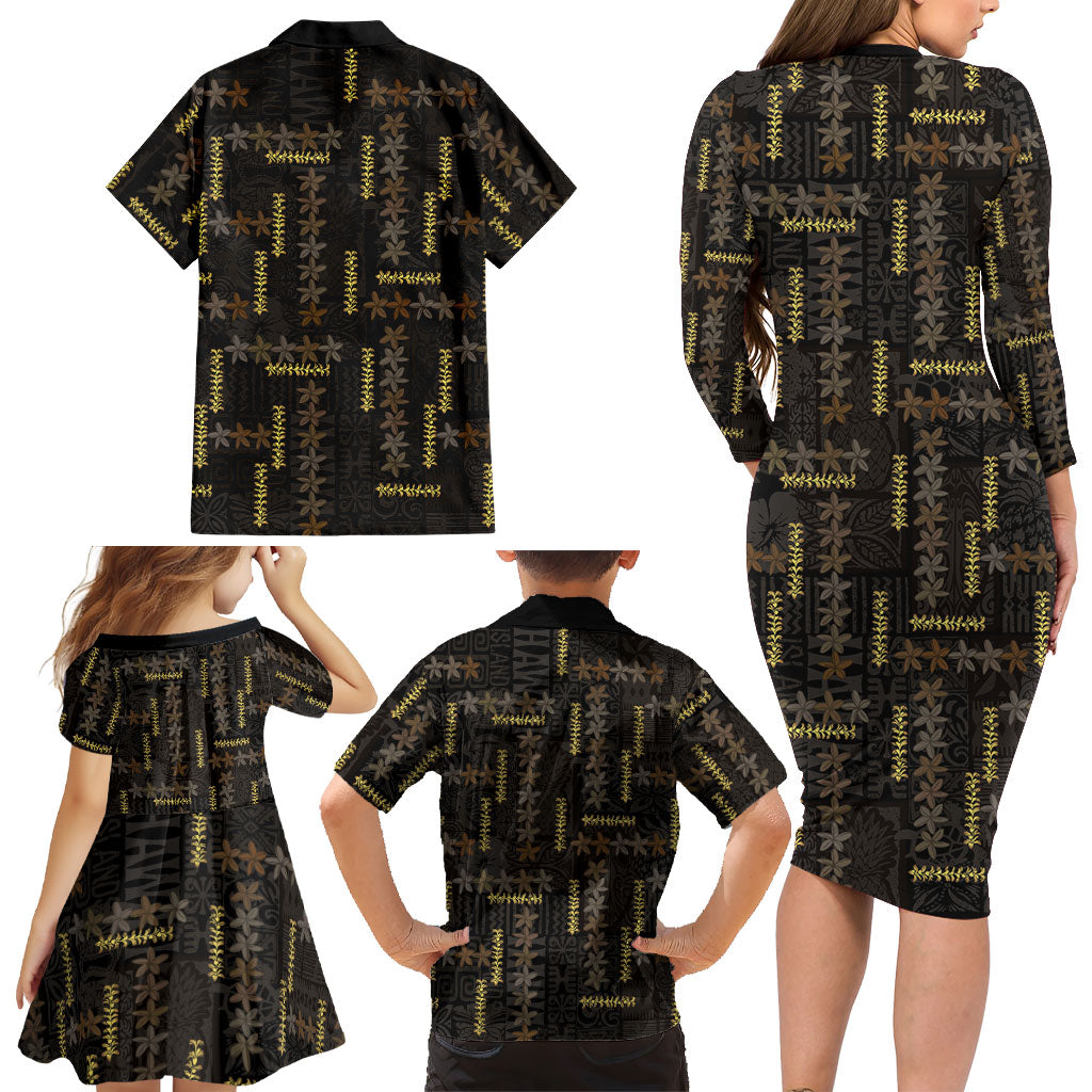 Hawaii Brown Plumeria Lei Black Family Matching Long Sleeve Bodycon Dress and Hawaiian Shirt Frangipani Floral Heritage Art LT01 - Polynesian Pride