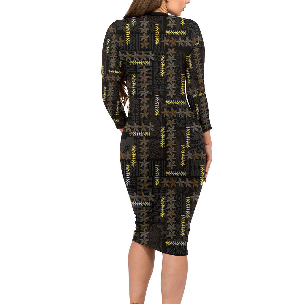 Hawaii Brown Plumeria Lei Black Family Matching Long Sleeve Bodycon Dress and Hawaiian Shirt Frangipani Floral Heritage Art LT01 - Polynesian Pride