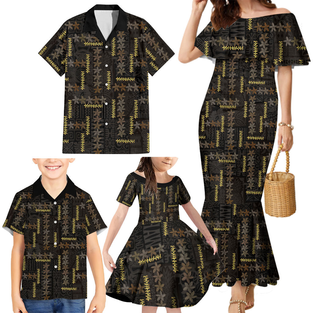 Hawaii Brown Plumeria Lei Black Family Matching Mermaid Dress and Hawaiian Shirt Frangipani Floral Heritage Art