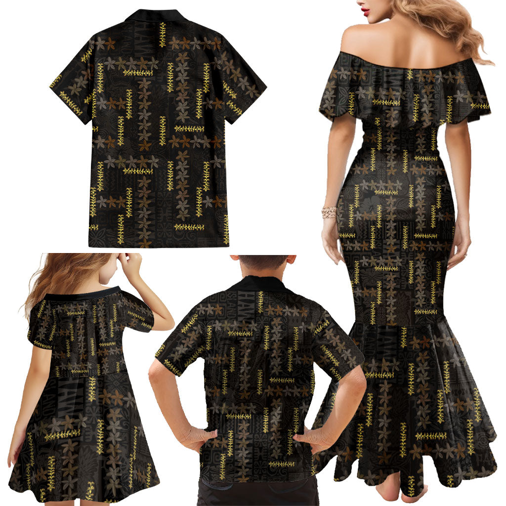 Hawaii Brown Plumeria Lei Black Family Matching Mermaid Dress and Hawaiian Shirt Frangipani Floral Heritage Art LT01 - Polynesian Pride