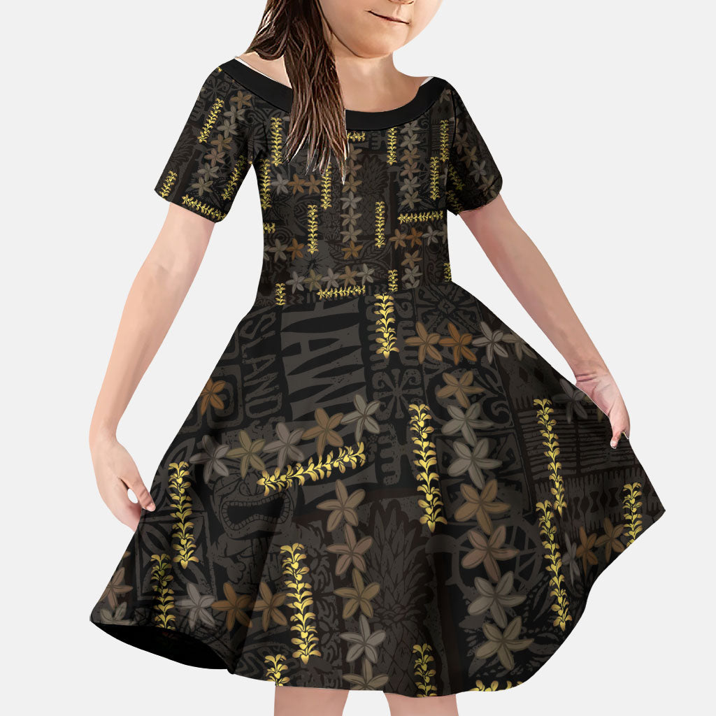 Hawaii Brown Plumeria Lei Black Family Matching Off The Shoulder Long Sleeve Dress and Hawaiian Shirt Frangipani Floral Heritage Art LT01 Daughter's Dress Black - Polynesian Pride
