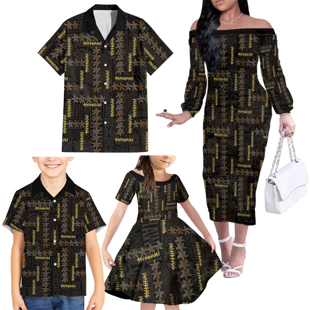Hawaii Brown Plumeria Lei Black Family Matching Off The Shoulder Long Sleeve Dress and Hawaiian Shirt Frangipani Floral Heritage Art LT01 - Polynesian Pride