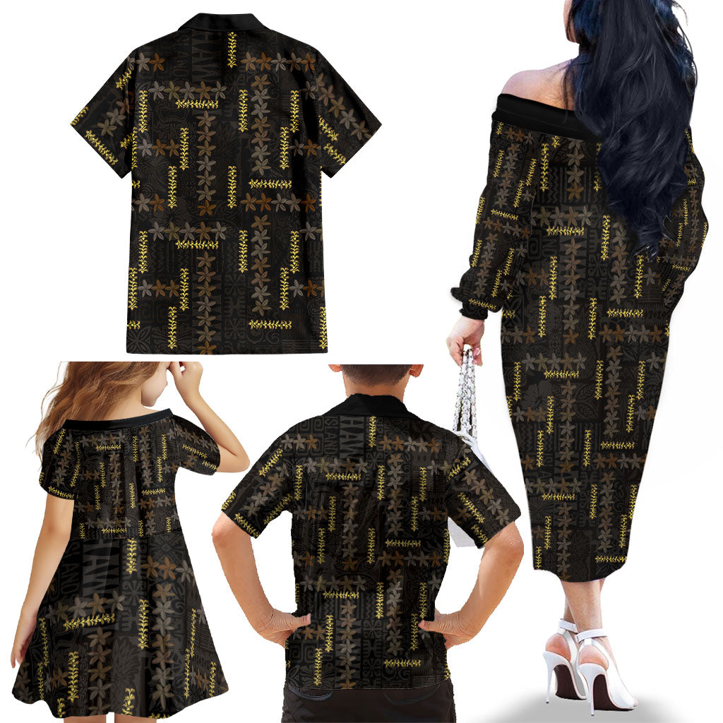 Hawaii Brown Plumeria Lei Black Family Matching Off The Shoulder Long Sleeve Dress and Hawaiian Shirt Frangipani Floral Heritage Art LT01 - Polynesian Pride