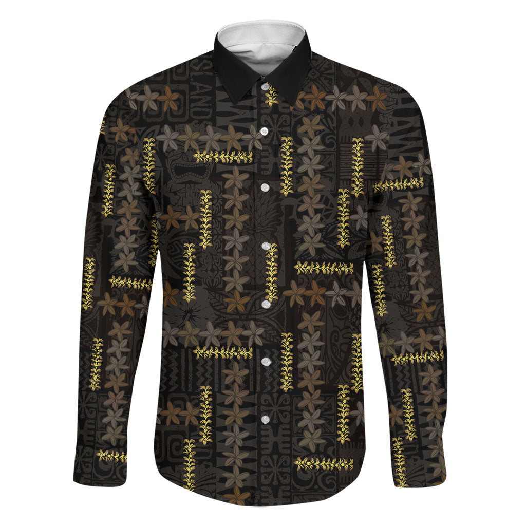 Hawaii Brown Plumeria Lei Black Family Matching Off Shoulder Short Dress and Hawaiian Shirt Frangipani Floral Heritage Art LT01 Dad's Shirt - Long Sleeve Black - Polynesian Pride