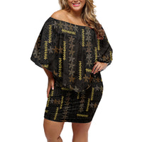 Hawaii Brown Plumeria Lei Black Family Matching Off Shoulder Short Dress and Hawaiian Shirt Frangipani Floral Heritage Art LT01 Mom's Dress Black - Polynesian Pride