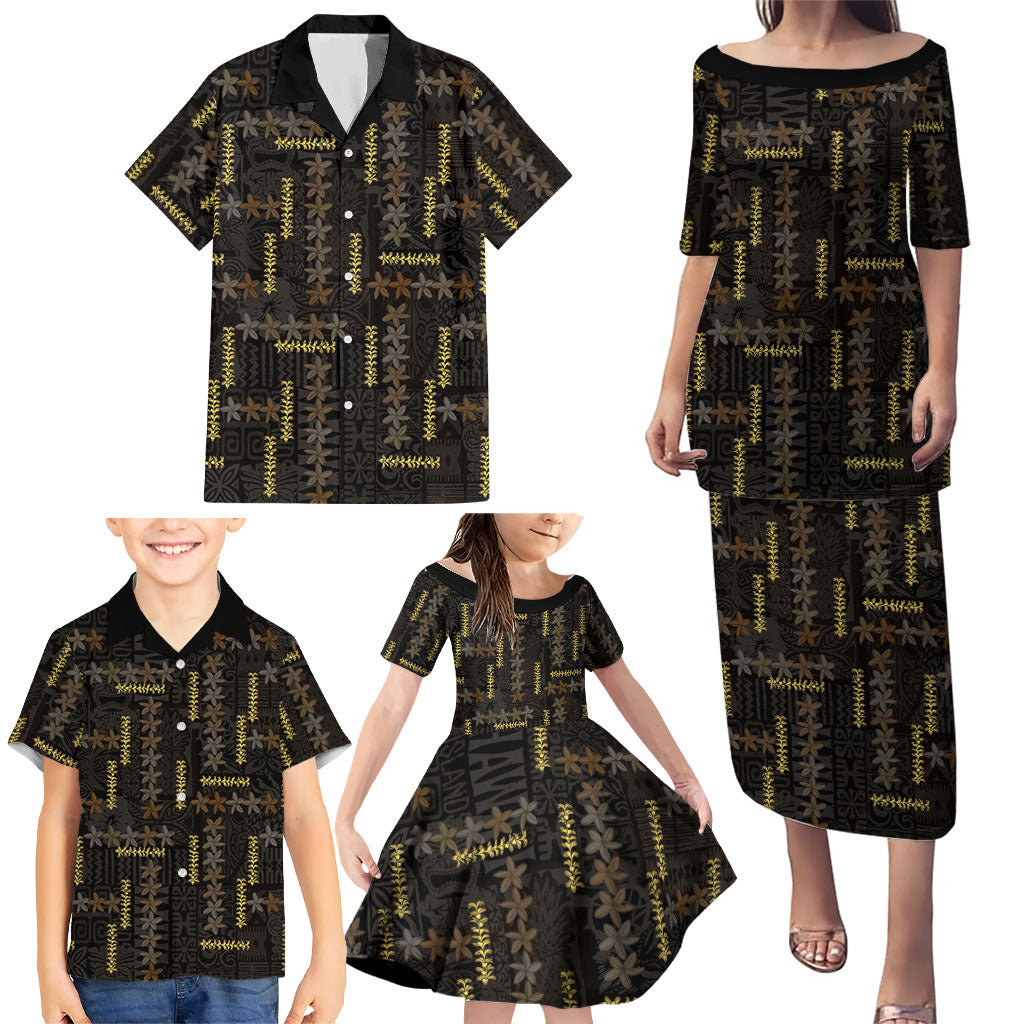 Hawaii Brown Plumeria Lei Black Family Matching Puletasi and Hawaiian Shirt Frangipani Floral Heritage Art LT01 - Polynesian Pride
