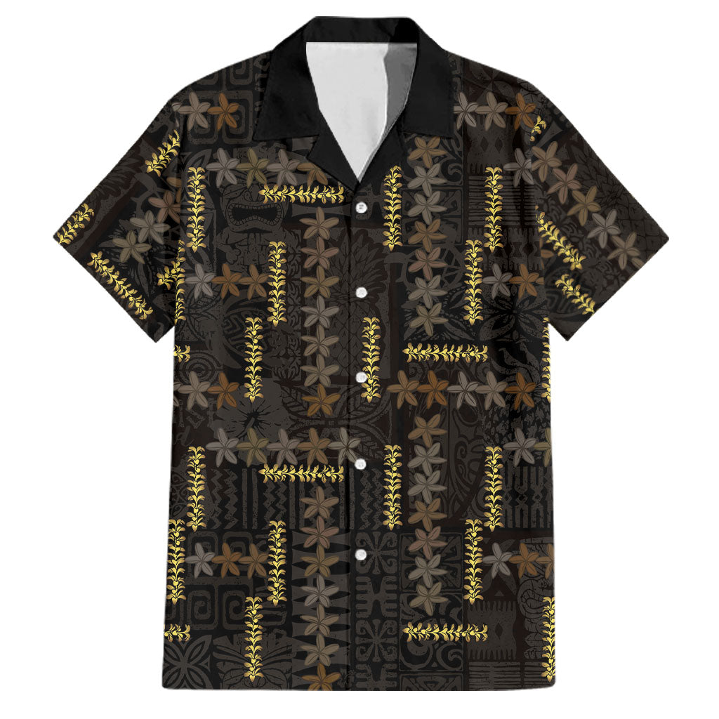Hawaii Brown Plumeria Lei Black Family Matching Puletasi and Hawaiian Shirt Frangipani Floral Heritage Art LT01 Dad's Shirt - Short Sleeve Black - Polynesian Pride