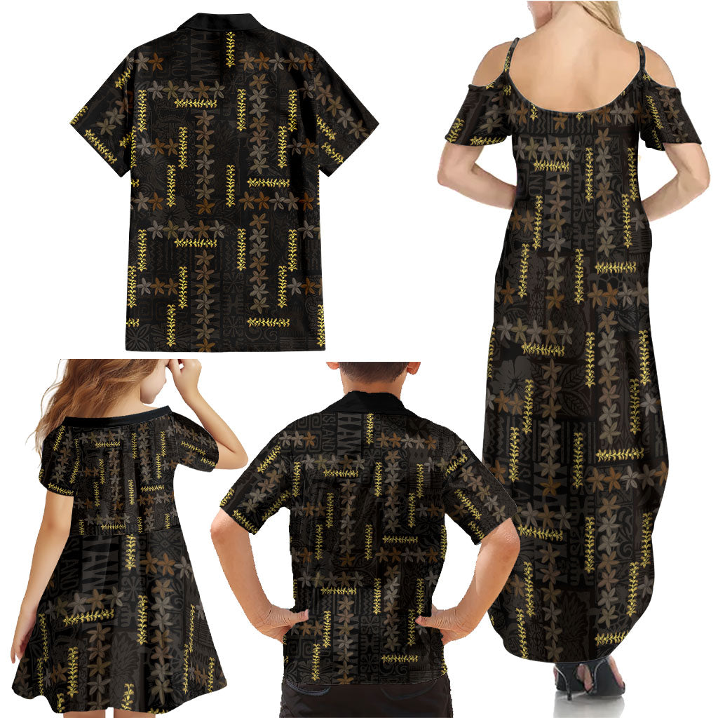 Hawaii Brown Plumeria Lei Black Family Matching Summer Maxi Dress and Hawaiian Shirt Frangipani Floral Heritage Art LT01 - Polynesian Pride