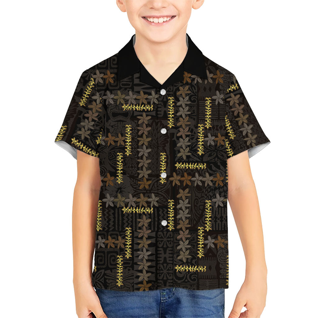 Hawaii Brown Plumeria Lei Black Family Matching Summer Maxi Dress and Hawaiian Shirt Frangipani Floral Heritage Art LT01 Son's Shirt Black - Polynesian Pride