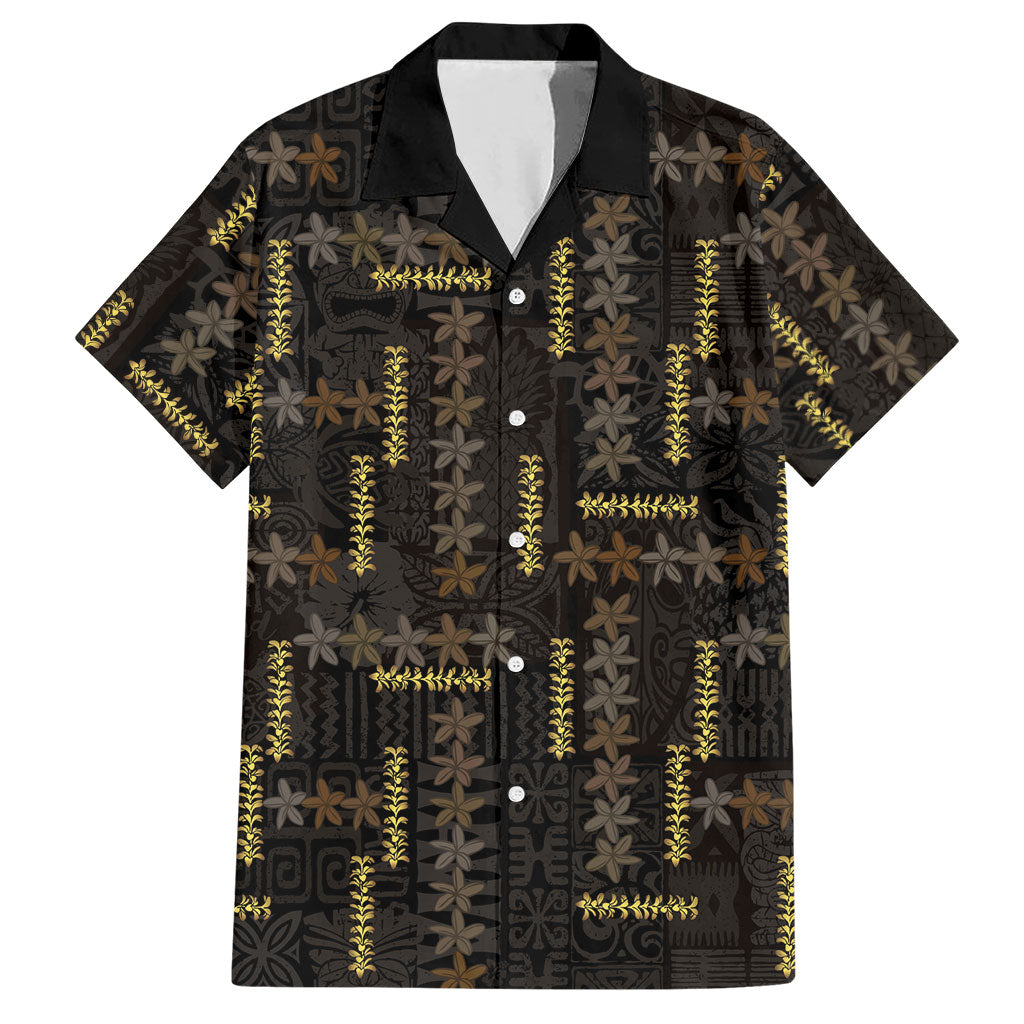 Hawaii Brown Plumeria Lei Black Hawaiian Shirt Frangipani Floral Heritage Art