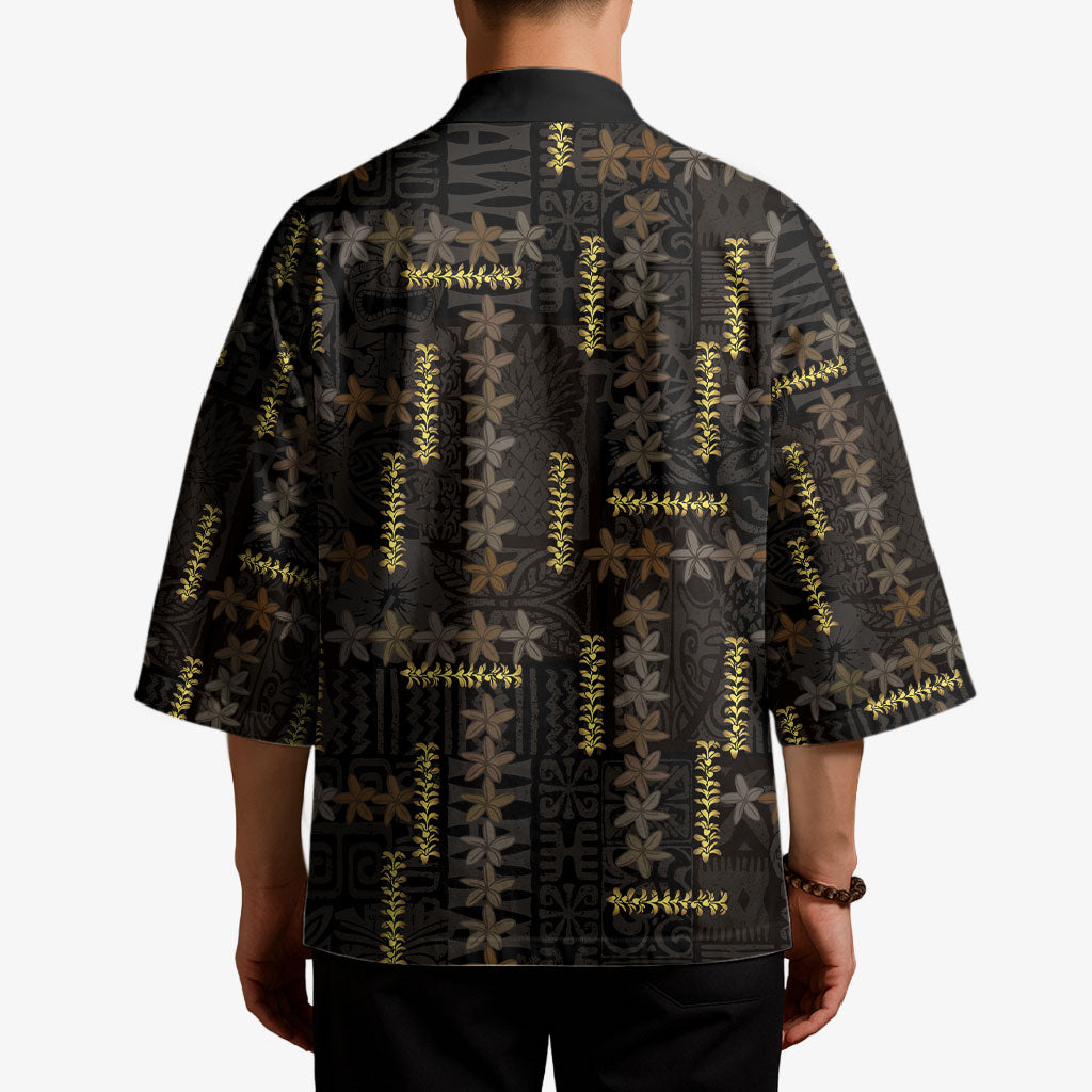 Hawaii Brown Plumeria Lei Black Kimono Frangipani Floral Heritage Art