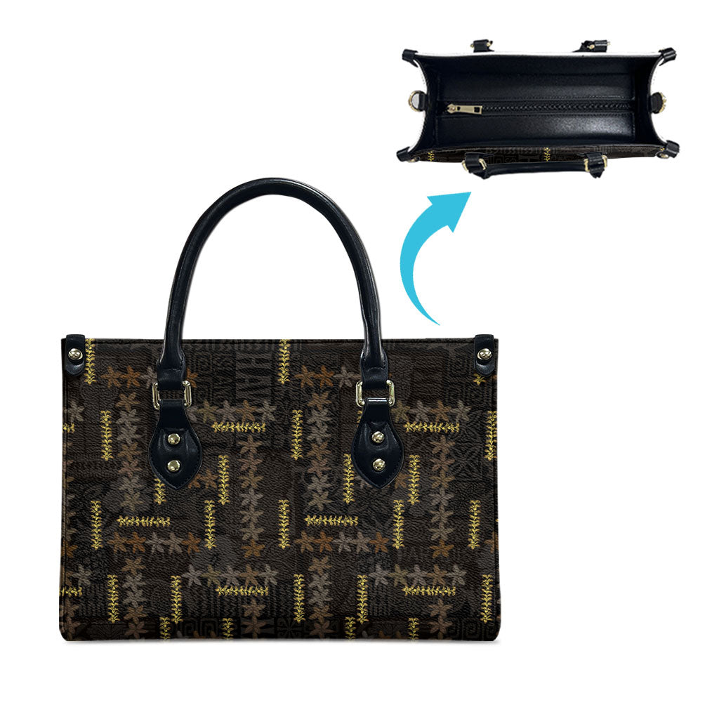 Hawaii Brown Plumeria Lei Black Leather Bag Frangipani Floral Heritage Art