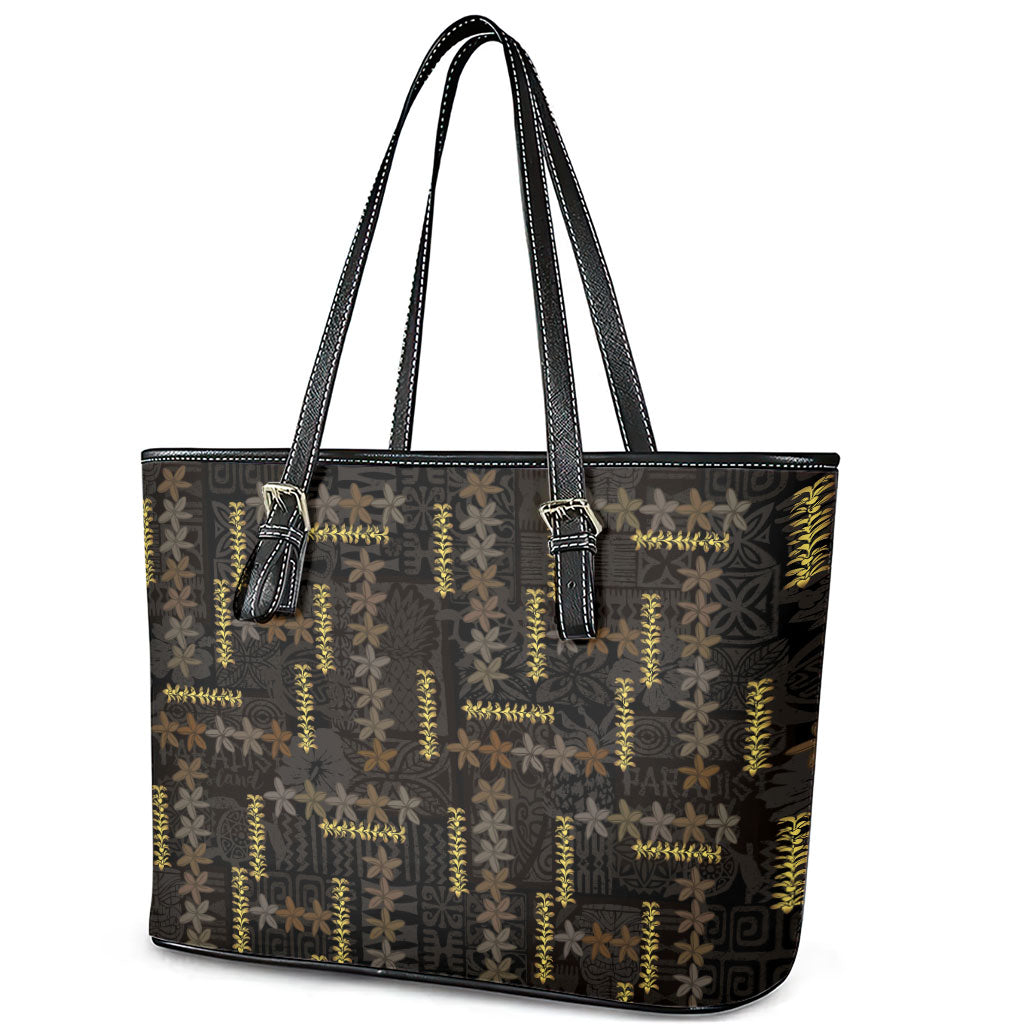 Hawaii Brown Plumeria Lei Black Leather Tote Bag Frangipani Floral Heritage Art LT01 - Polynesian Pride