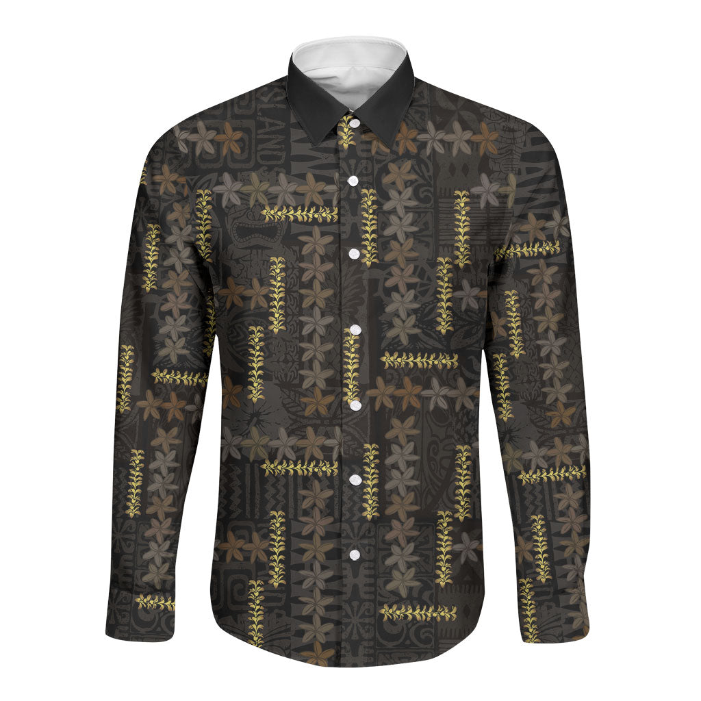 Hawaii Brown Plumeria Lei Black Long Sleeve Button Shirt Frangipani Floral Heritage Art LT01 Unisex Black - Polynesian Pride