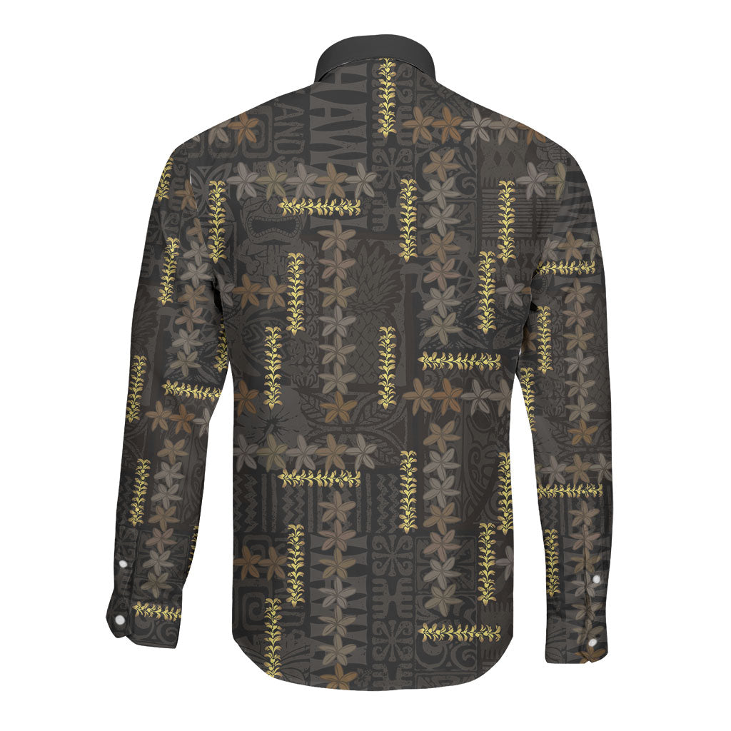 Hawaii Brown Plumeria Lei Black Long Sleeve Button Shirt Frangipani Floral Heritage Art LT01 - Polynesian Pride