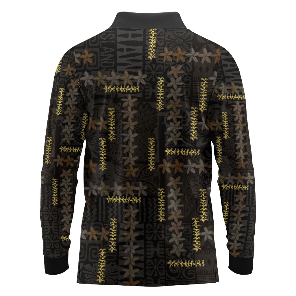 Hawaii Brown Plumeria Lei Black Long Sleeve Polo Shirt Frangipani Floral Heritage Art