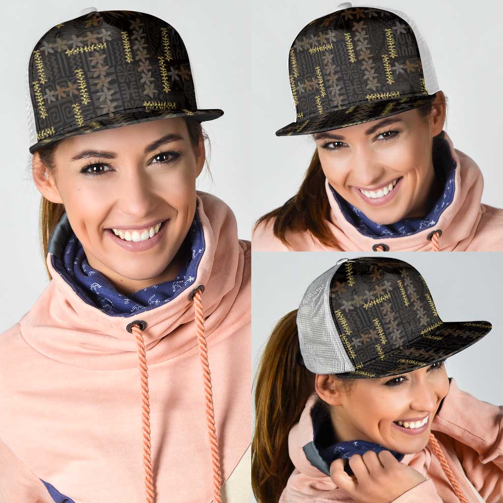 Hawaii Brown Plumeria Lei Black Mesh Trucker Cap Frangipani Floral Heritage Art