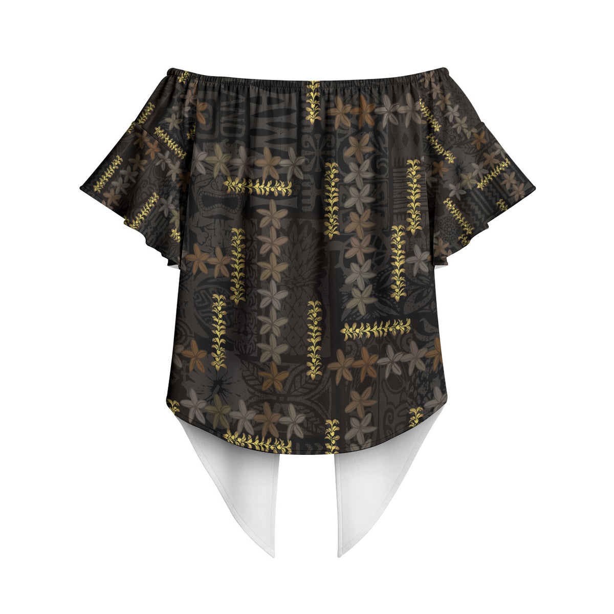 Hawaii Brown Plumeria Lei Black Off Shoulder Wrap Waist Top Frangipani Floral Heritage Art LT01 - Polynesian Pride