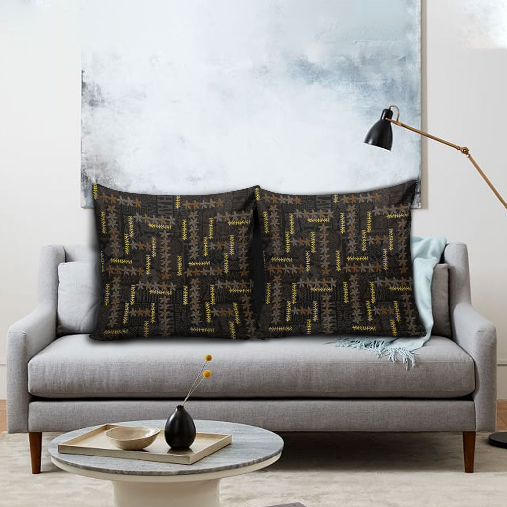 Hawaii Brown Plumeria Lei Black Pillow Cover Frangipani Floral Heritage Art