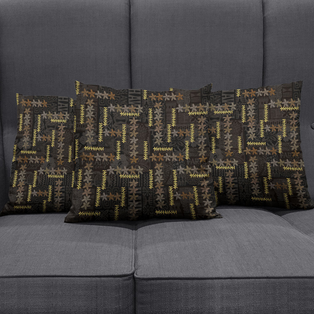 Hawaii Brown Plumeria Lei Black Pillow Cover Frangipani Floral Heritage Art