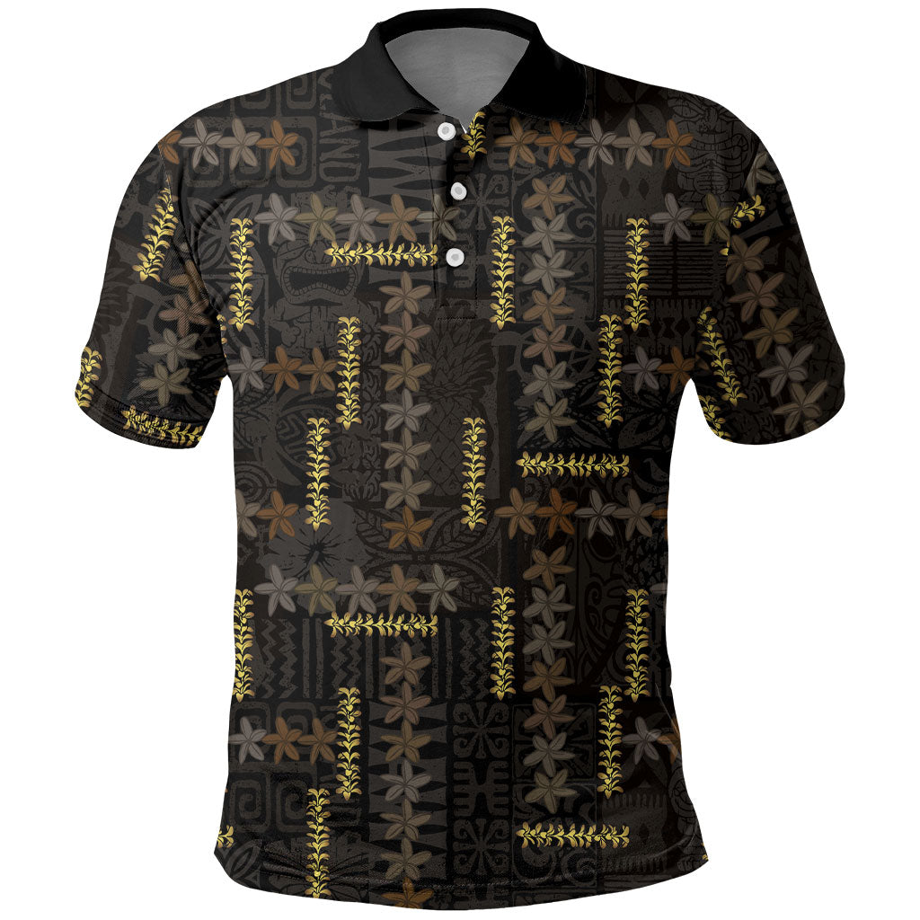 Hawaii Brown Plumeria Lei Black Polo Shirt Frangipani Floral Heritage Art LT01 Black - Polynesian Pride