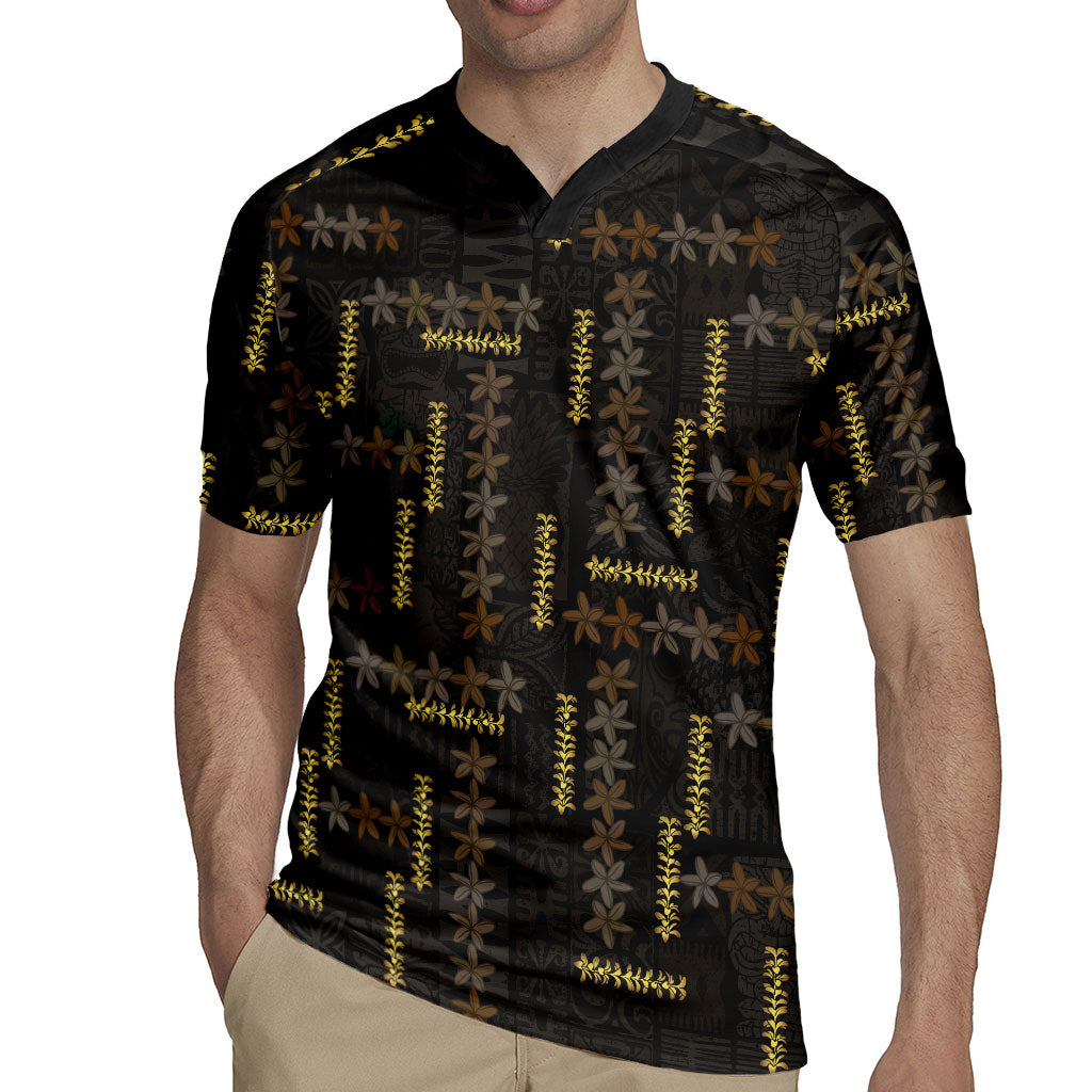 Hawaii Brown Plumeria Lei Black Rugby Jersey Frangipani Floral Heritage Art