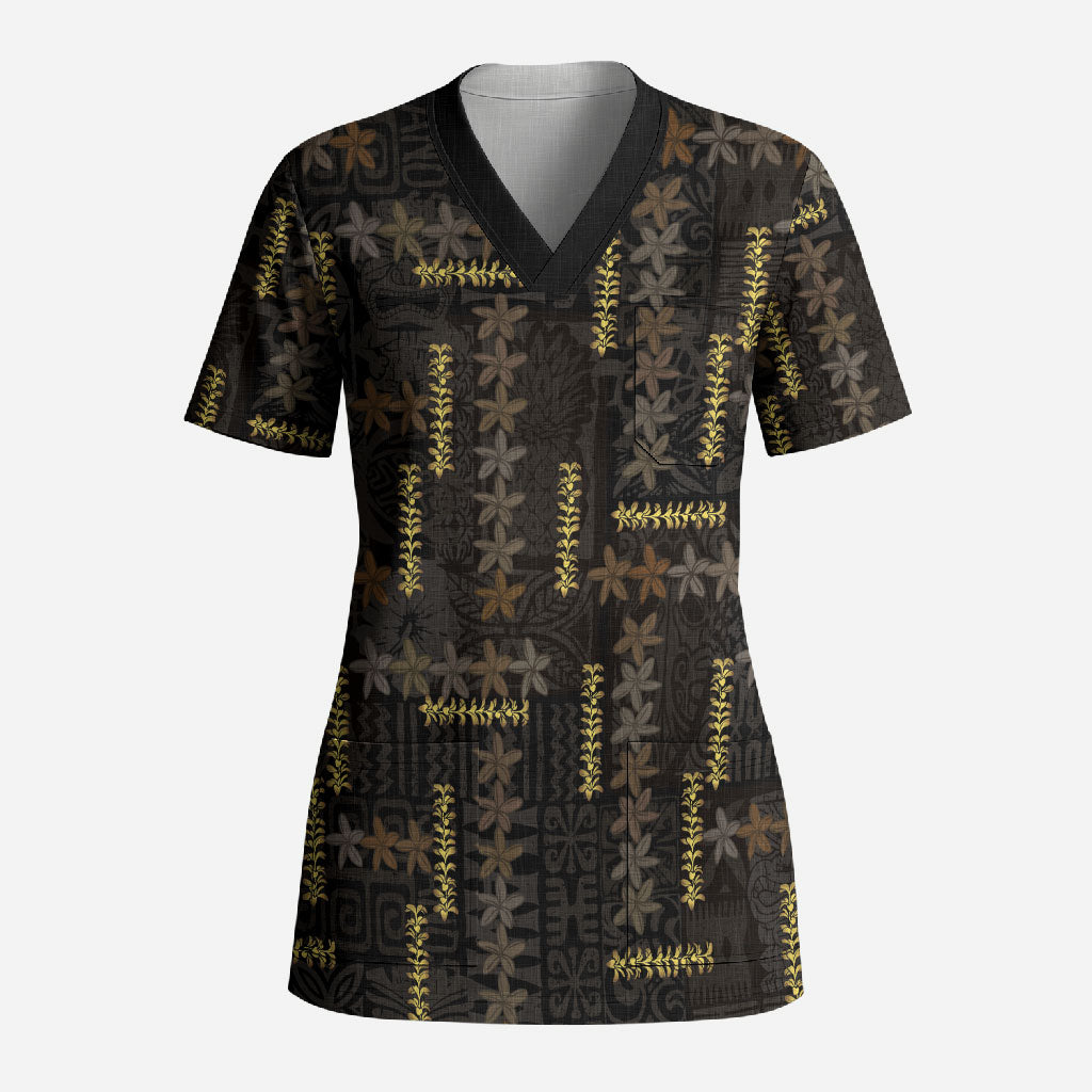 Hawaii Brown Plumeria Lei Black Scrub Top Frangipani Floral Heritage Art