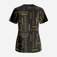 Hawaii Brown Plumeria Lei Black Scrub Top Frangipani Floral Heritage Art