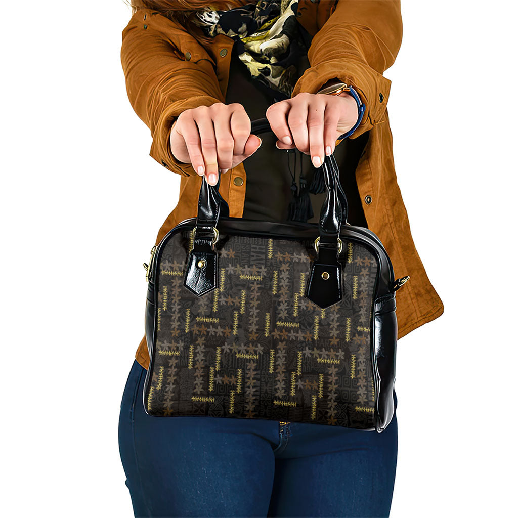 Hawaii Brown Plumeria Lei Black Shoulder Handbag Frangipani Floral Heritage Art