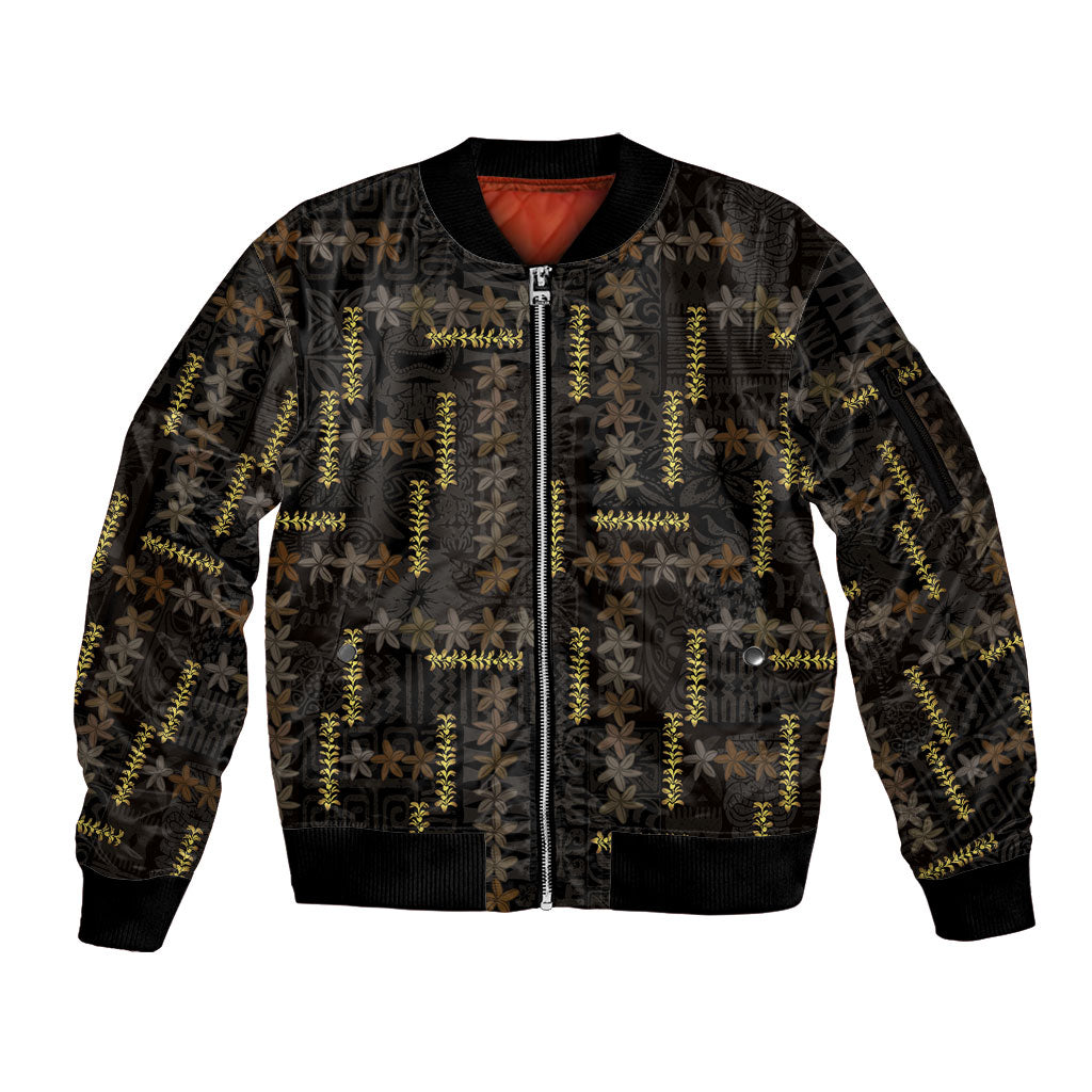 Hawaii Brown Plumeria Lei Black Sleeve Zip Bomber Jacket Frangipani Floral Heritage Art