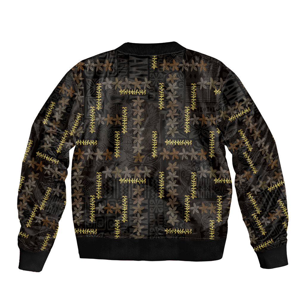 Hawaii Brown Plumeria Lei Black Sleeve Zip Bomber Jacket Frangipani Floral Heritage Art