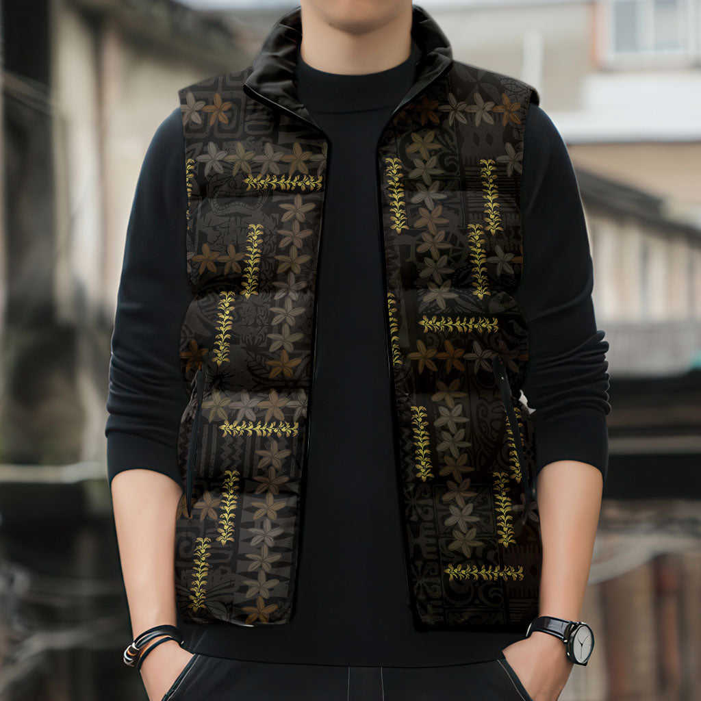 Hawaii Brown Plumeria Lei Black Sleeveless Puffer Jacket Frangipani Floral Heritage Art