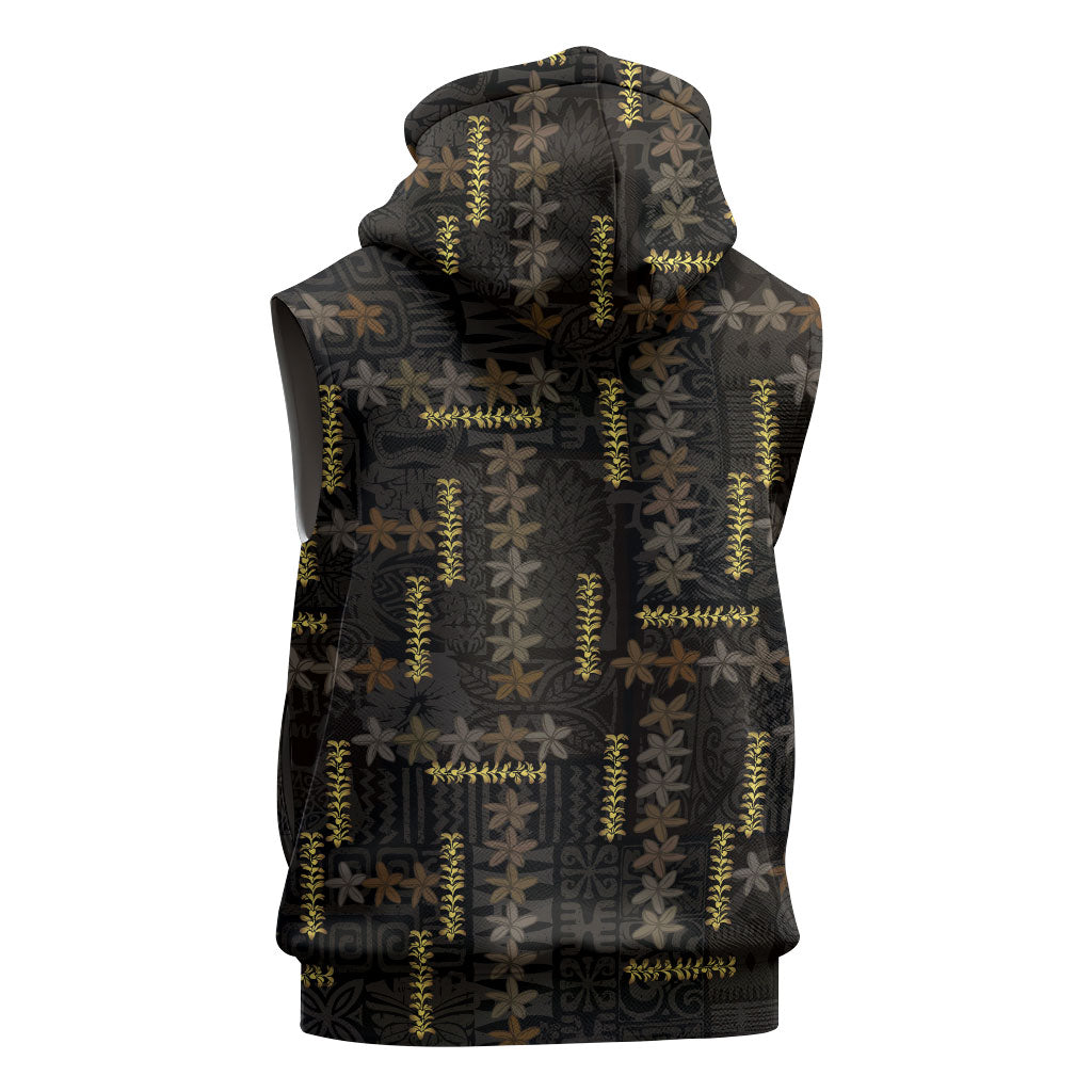 Hawaii Brown Plumeria Lei Black Sleeveless Zip Hoodie Frangipani Floral Heritage Art