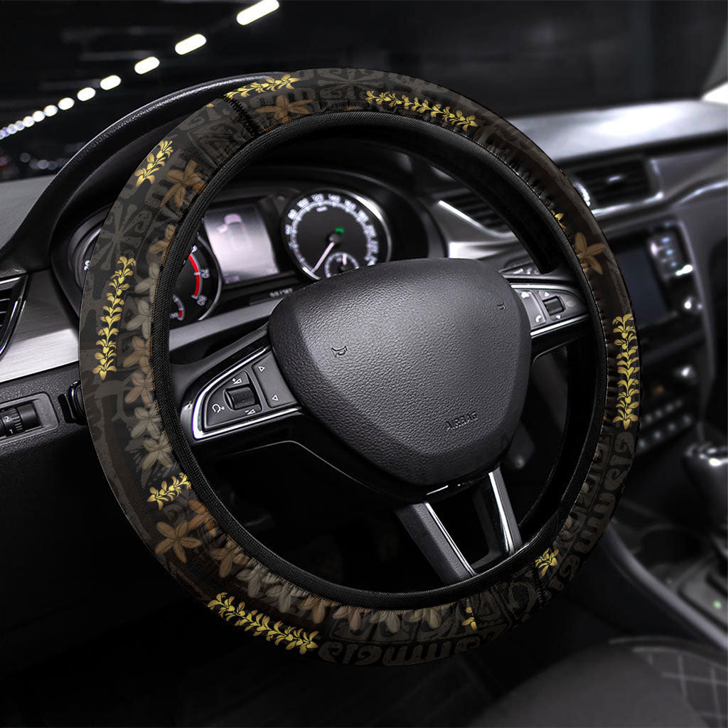 Hawaii Brown Plumeria Lei Black Steering Wheel Cover Frangipani Floral Heritage Art