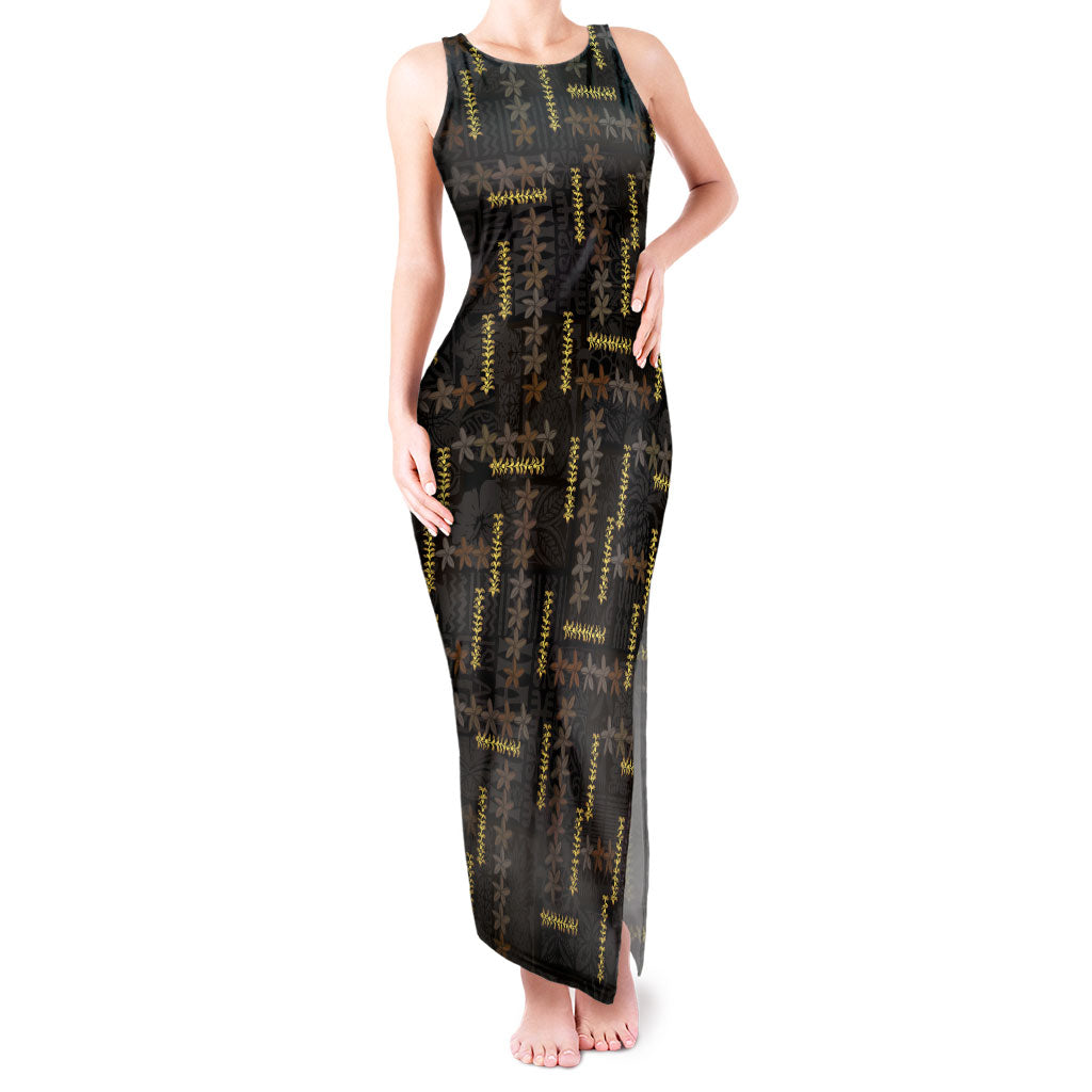 Hawaii Brown Plumeria Lei Black Tank Maxi Dress Frangipani Floral Heritage Art