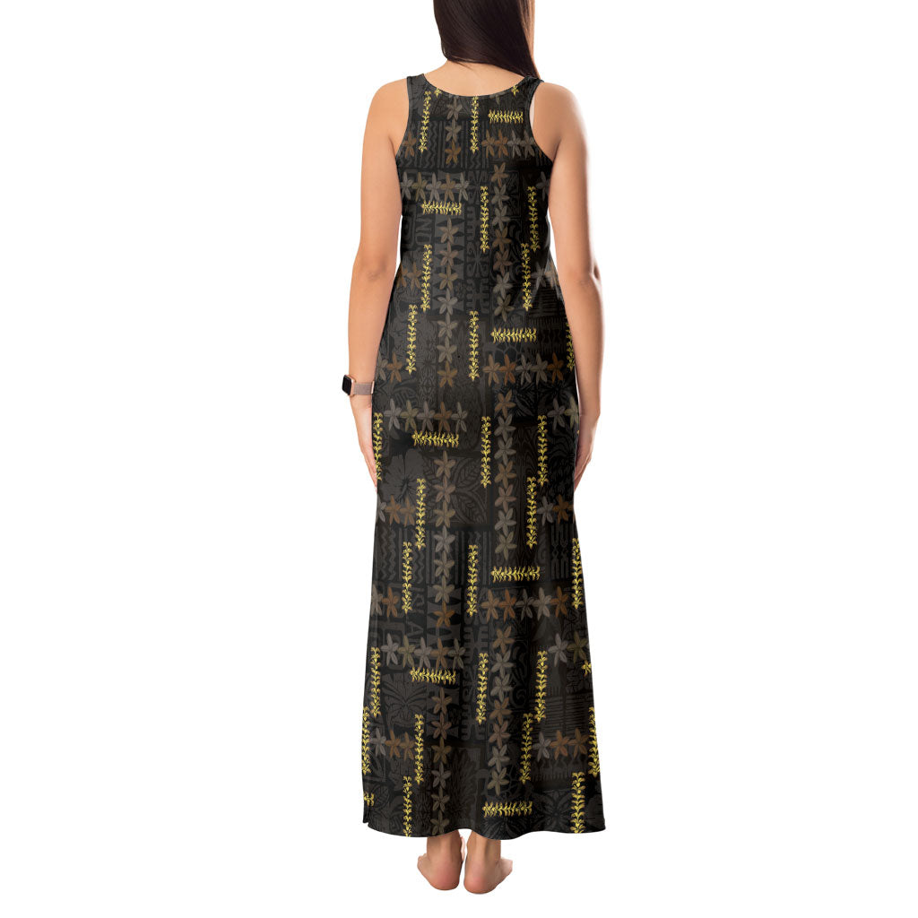 Hawaii Brown Plumeria Lei Black Tank Maxi Dress Frangipani Floral Heritage Art