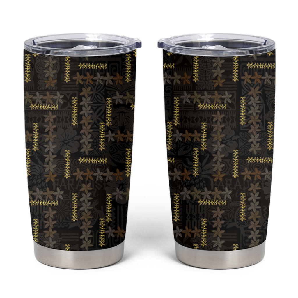 Hawaii Brown Plumeria Lei Black Tumbler Cup Frangipani Floral Heritage Art