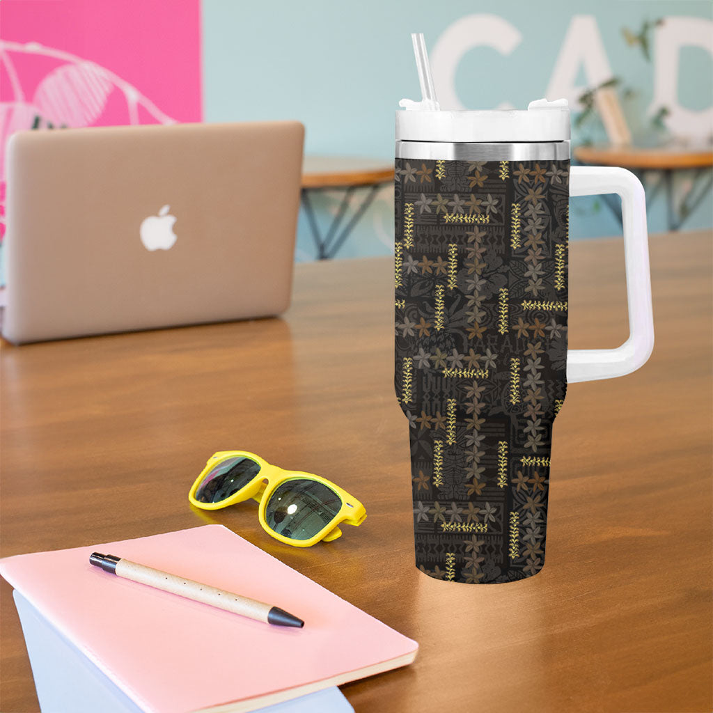 Hawaii Brown Plumeria Lei Black Tumbler With Handle Frangipani Floral Heritage Art