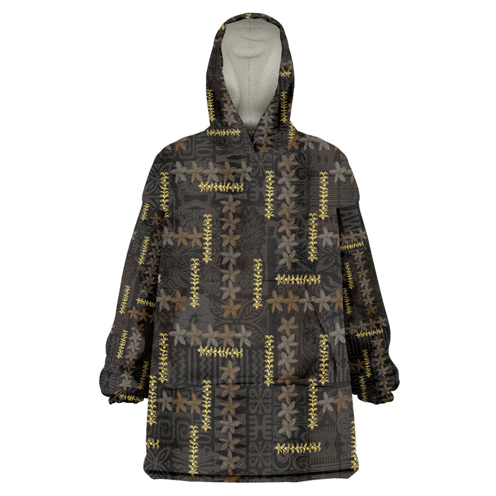 Hawaii Brown Plumeria Lei Black Wearable Blanket Hoodie Frangipani Floral Heritage Art