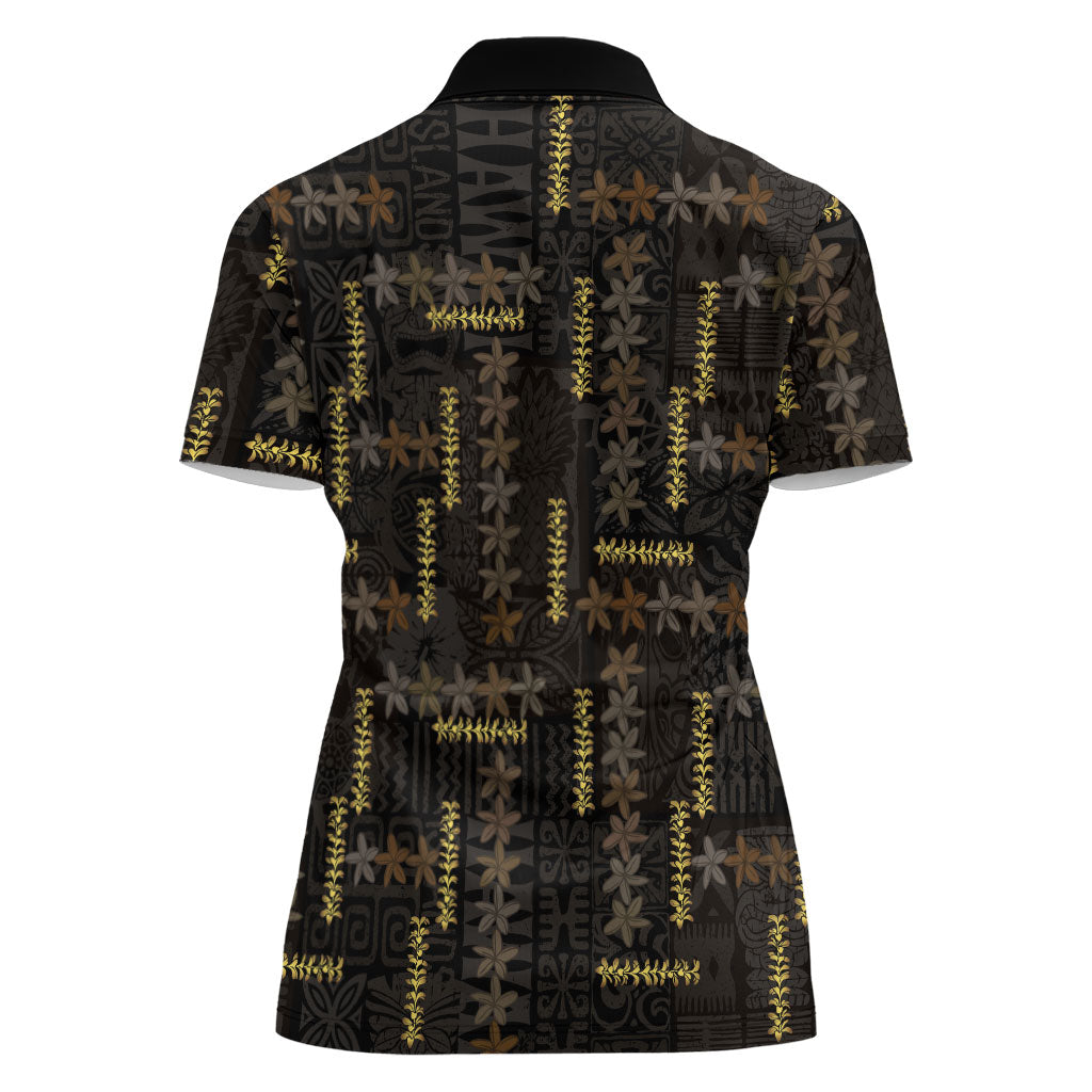 Hawaii Brown Plumeria Lei Black Women Polo Shirt Frangipani Floral Heritage Art LT01 - Polynesian Pride